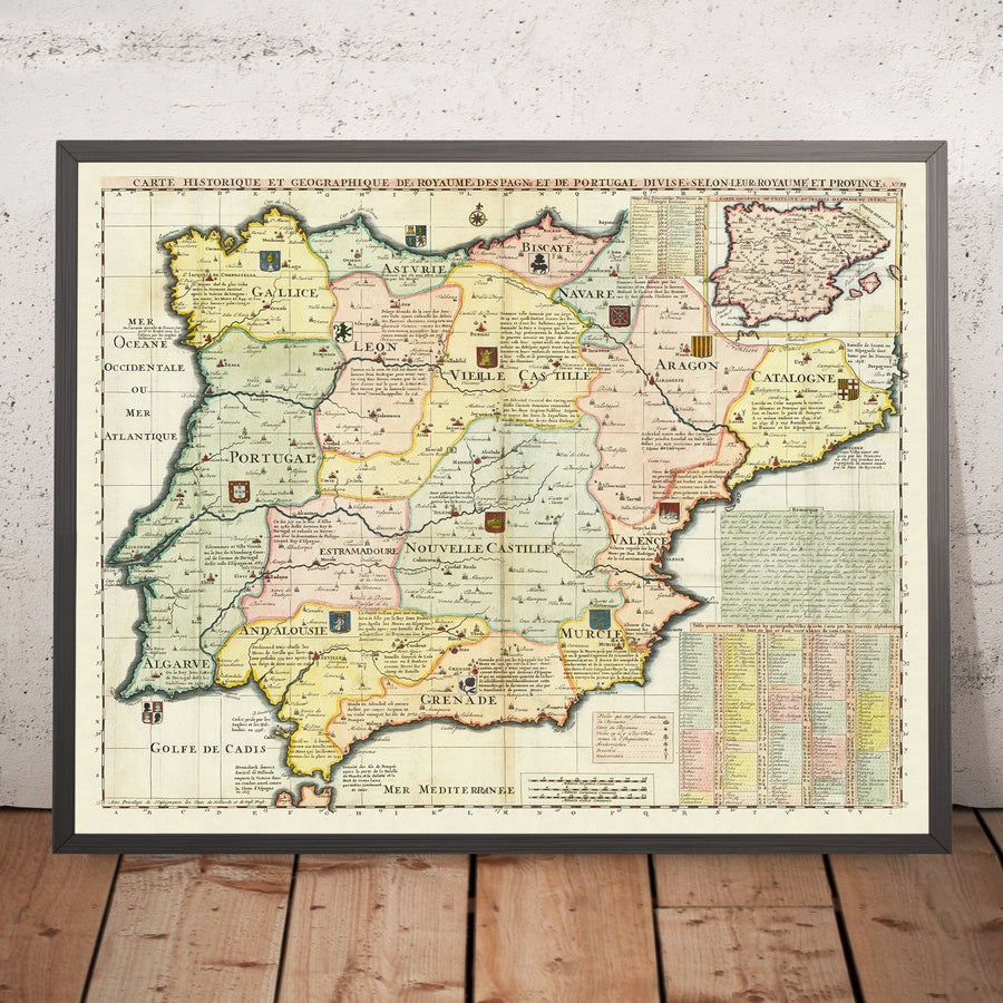 Antica mappa storica di Spagna e Portogallo di Chatelain, 1719: Regni, Province, Stemmi, Inquisizione 
