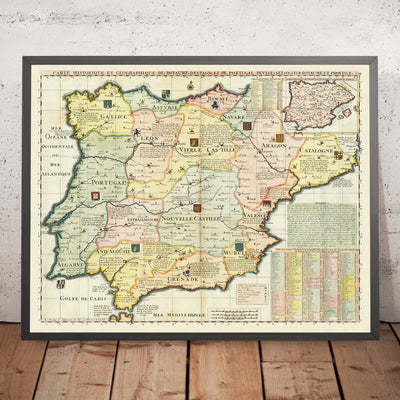 Old Historical Map of Spain & Portugal by Chatelain, 1719: Kingdoms, Provinces, Coats of Arms, Inquisition