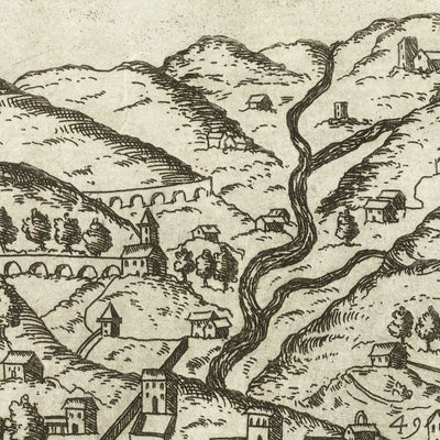 Alte Bildkarte von Genua von Duchetti, 1584: Hafen, Laterna, Aquädukte, Schiffe, Wappen