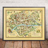Old Pictorial Map of York by Clark 1947: York Minster, Clifford's Tower, Shambles, Monk Bar, Jorvik