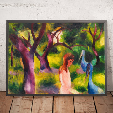 A framed image of Girl with Blue Birds by August Macke, 1914