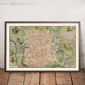 Mappa antica di Madrid di de Fer, 1705: Palazzo Reale, Calle Mayor, Campo Grande, Stemmi, Chiese 