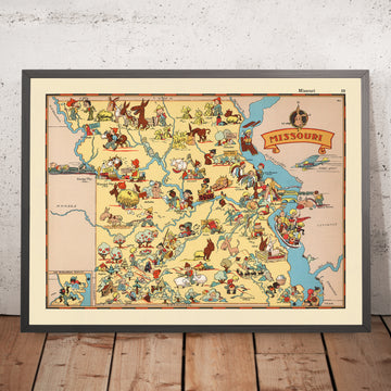 Mappa Pittorica del Missouri di Ruth Taylor White, 1935: St. Louis, Kansas City, Ozarks, fiumi Mississippi e Missouri, Jefferson City 