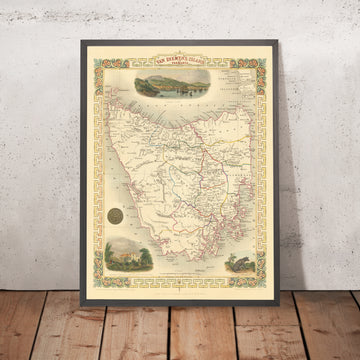 Mappa antica della Tasmania di Tallis, 1851: Terra di Van Diemen, Hobart, Launceston, Stretto di Bass, Ben Lomond, Capo Grim 