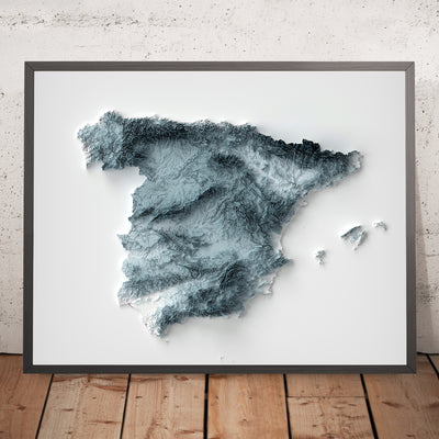 A framed image of a 3D style topographic relief map ofSpain