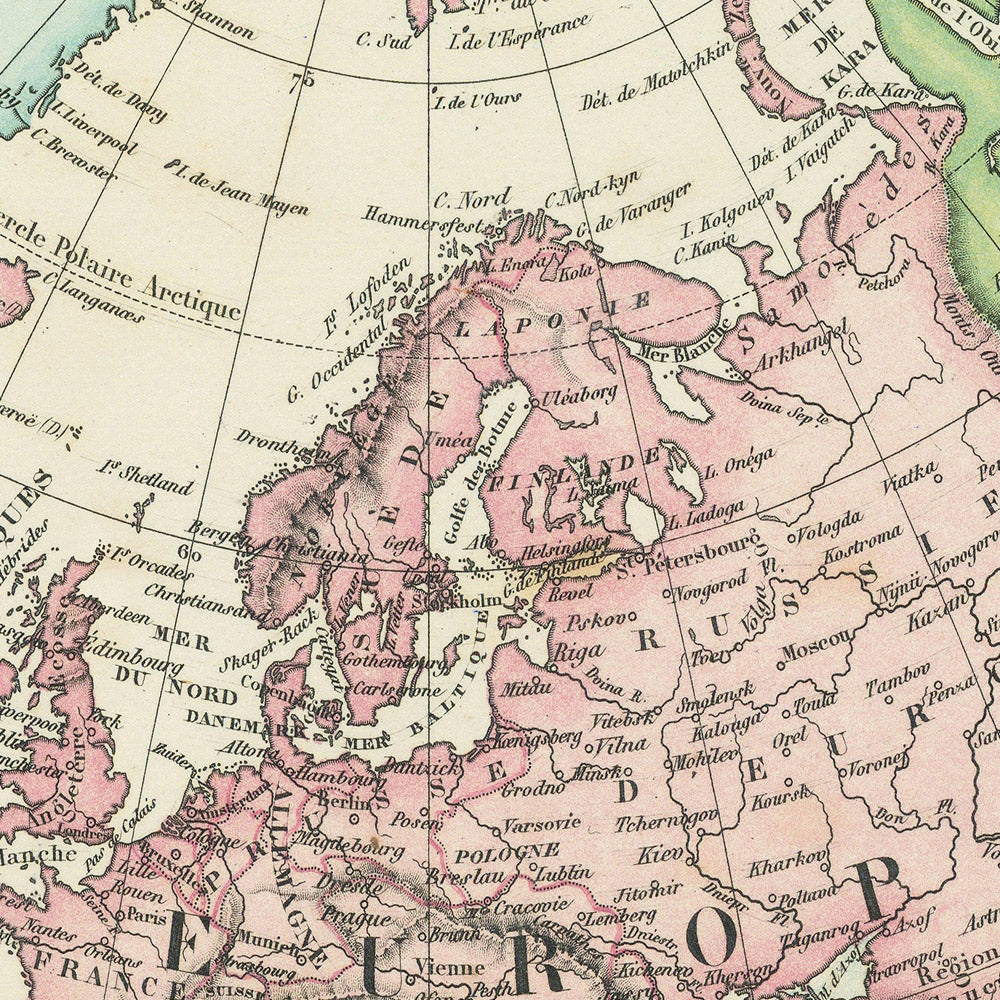 Old Spheroidal Map of Europe & the Arctic by Garnier, 1860