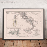 Ancienne carte de l'invasion de Naples par Napoléon dans le sud de l'Italie, 1806 : Rome, Elbe, Sicile, Calabre 