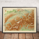 Old Topographic Map of Switzerland by Bartholomew, 1922: Alps, Lake Geneva, Lake Lucerne, Zurich, Gotthard Pass