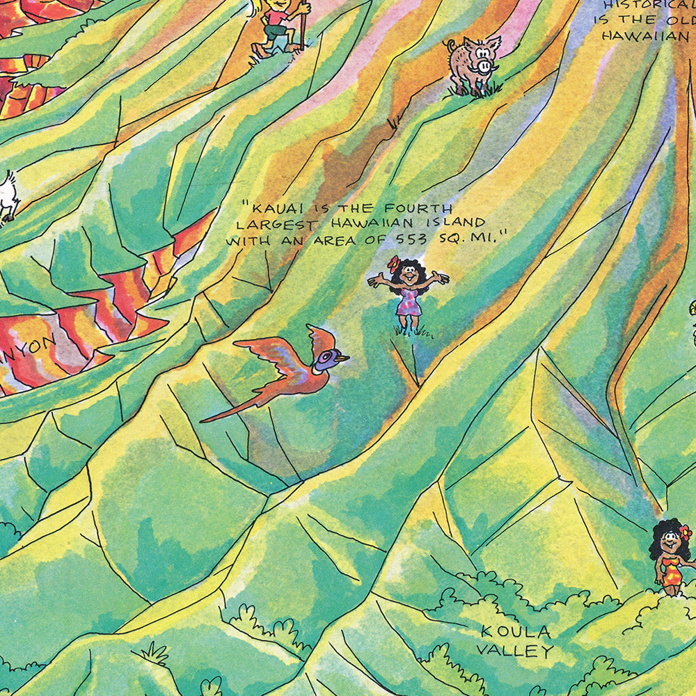 Old Pictorial Map of Kauai by Olson, 1980: Lihue, Waimea Canyon, Na Pa ...