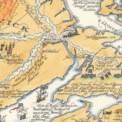 Old Map of New Brunswick, Nova Scotia & Prince Edward Island by Furse, 1963: Naval Battles, Exploration Routes