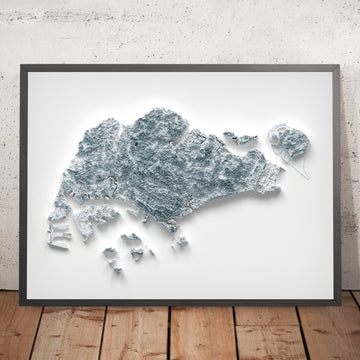 Una imagen enmarcada de un mapa topográfico en relieve estilo 3D de Singapur