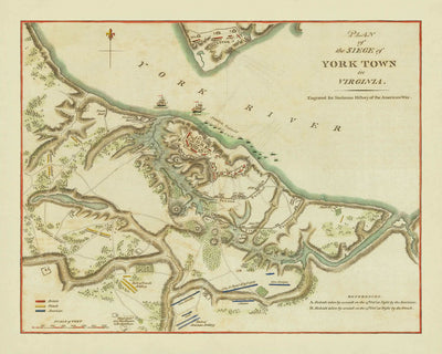 Alte Militärkarte der Belagerung von Yorktown durch Stedman, 1793: Yorktown, Gloucester, Redoubts 9 und 10, Französische Flotte, Washington