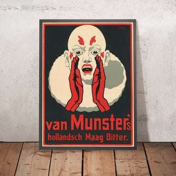 A framed image of Van Munster’s Vintage Bitters Advertising Poster by Albert Klingner, 1900