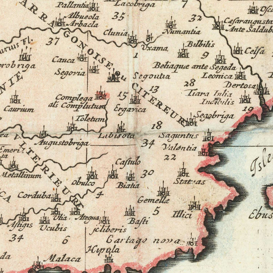 Antica mappa storica di Spagna e Portogallo di Chatelain, 1719: Regni, Province, Stemmi, Inquisizione 