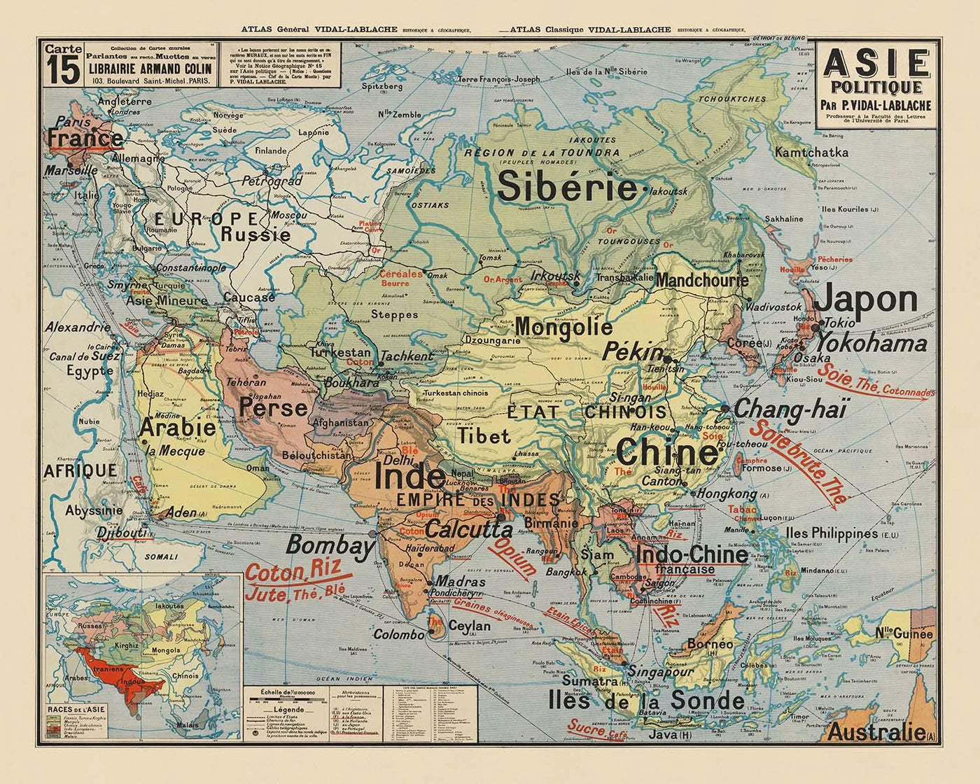 Carte ancienne de l'Asie par Vidal de La Blache, 1921 : frontières politiques, conception pédagogique, influence coloniale