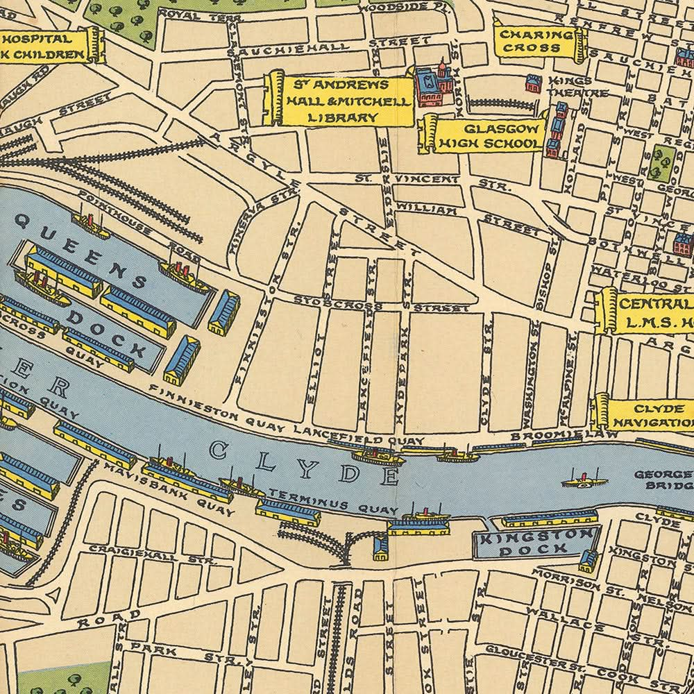 Old Historical Map of Glasgow by Bullock, 1938: Cathedral, University, Kelvingrove, Green, Clyde