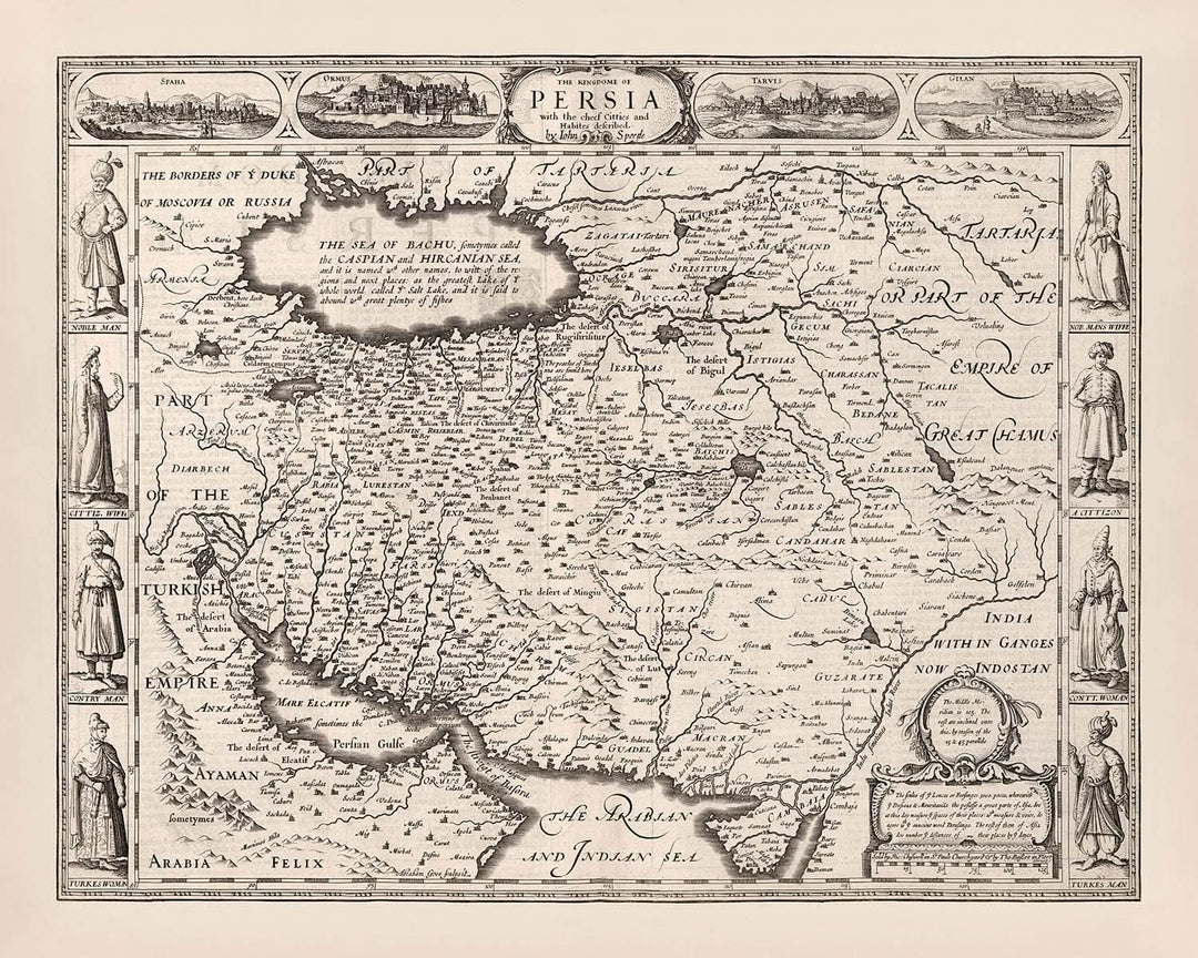 Old Monochrome Map of Persia by Speed, 1676: Iran, Isfahan