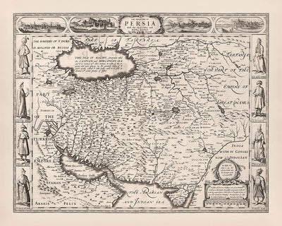 Mapa antiguo de Irán, realizado por Speed, 1676: Isfahán, mar Caspio, golfo Pérsico, Shiraz y Tabriz