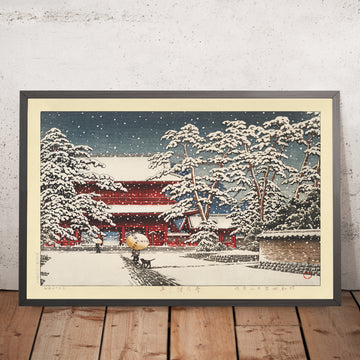 A framed image of Zojoji Temple in the Snow Tokyo by Hasui Kawase 1929