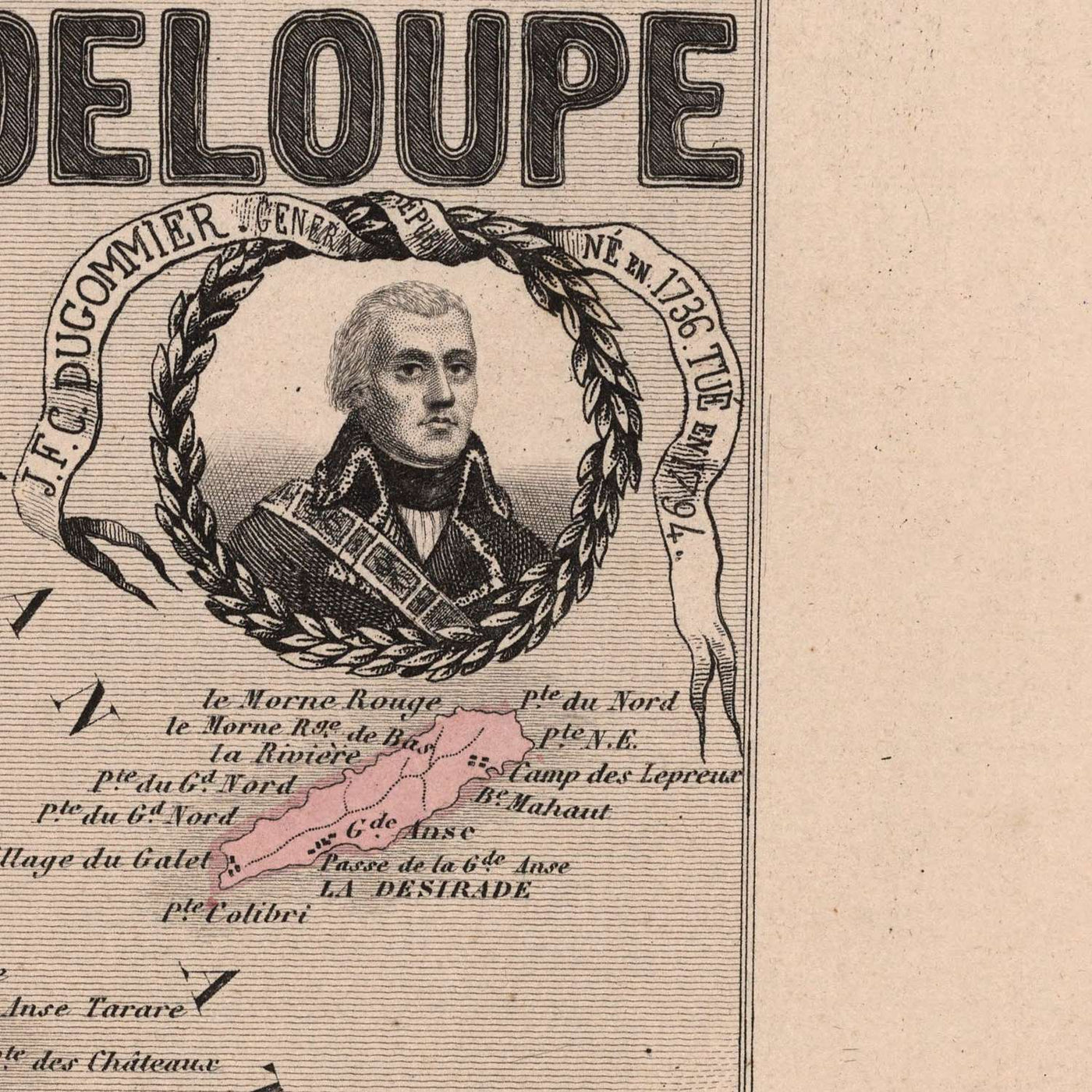 Old Map of Guadeloupe by Vuillemin, 1869: Pointe-à-Pitre, Basse-Terre, Grande-Terre, Marie-Galante, Sugarcane