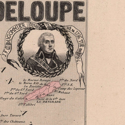 Old Map of Guadeloupe by Vuillemin, 1869: Pointe-à-Pitre, Basse-Terre, Grande-Terre, Marie-Galante, Sugarcane