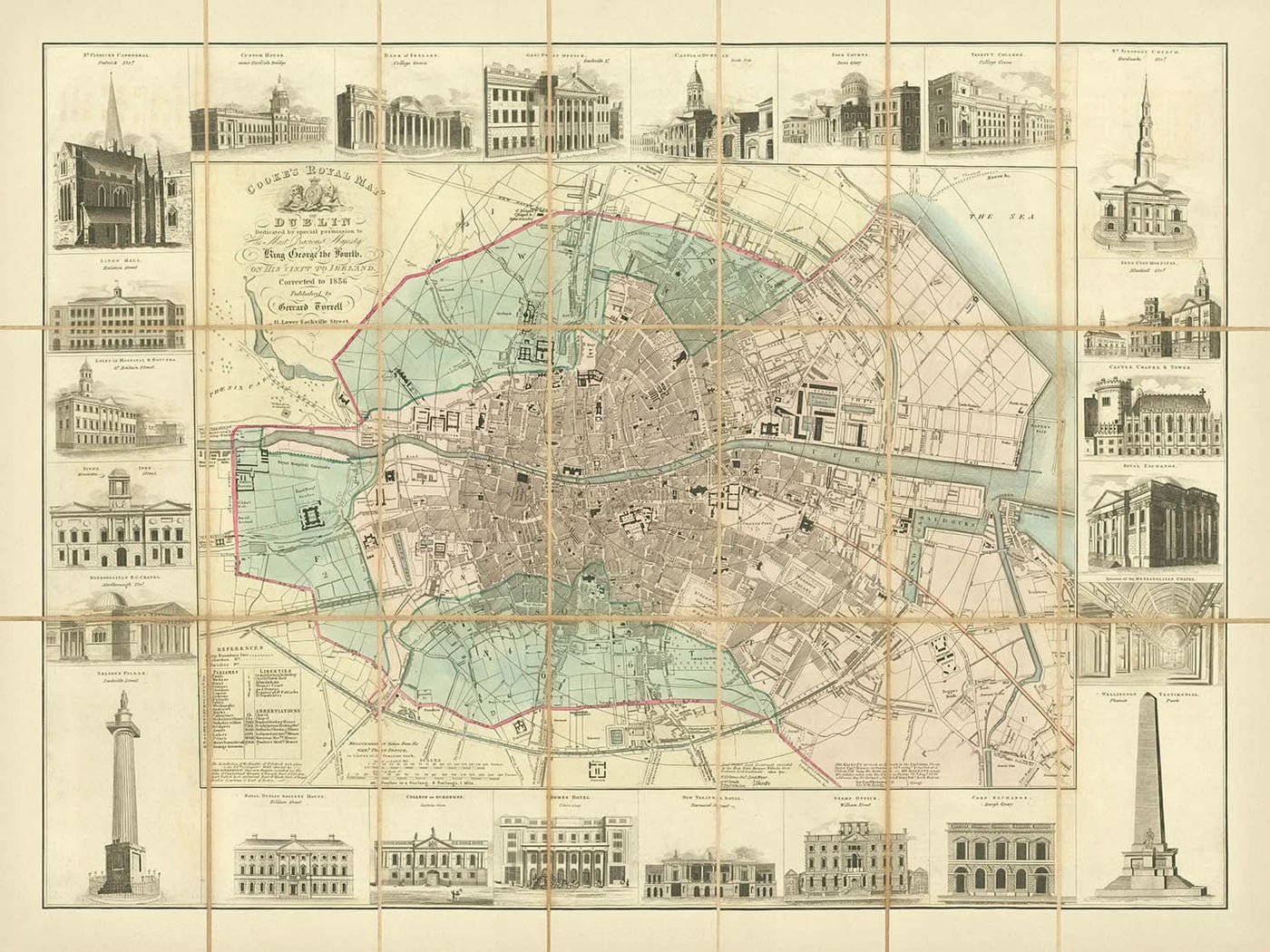 Alte Karte von Dublin von Cooke, 1836: St. Patrick's Cathedral, Trinity College, O'Connell St, Merrion Sq, Fluss Liffey 