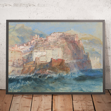 Gerahmtes Bild von Genua vom Meer aus, mit Blick hinauf zur Kirche Santa Maria Assunta in Carignano, von Turner, 1802