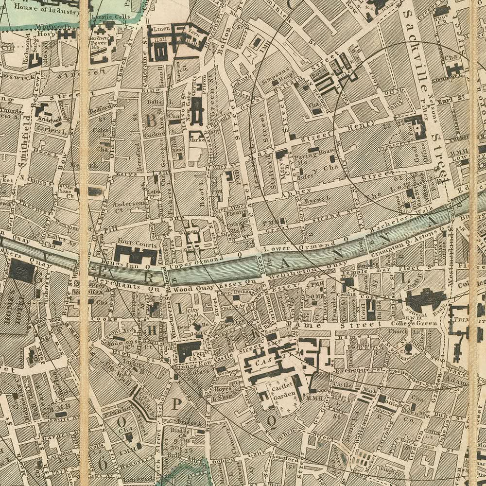 Alte Karte von Dublin von Cooke, 1836: St. Patrick's Cathedral, Trinity College, O'Connell St, Merrion Sq, Fluss Liffey 