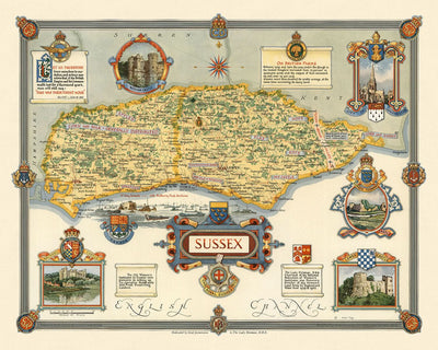 Old Pictorial Map of Sussex by Clegg, 1945: Brighton, Hastings, D-Day Armada, Castles