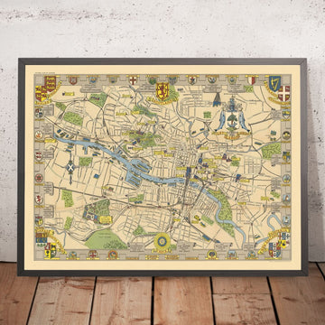 Ancienne carte historique de Glasgow par Bullock, 1938 : cathédrale, université, Kelvingrove, Green, Clyde 