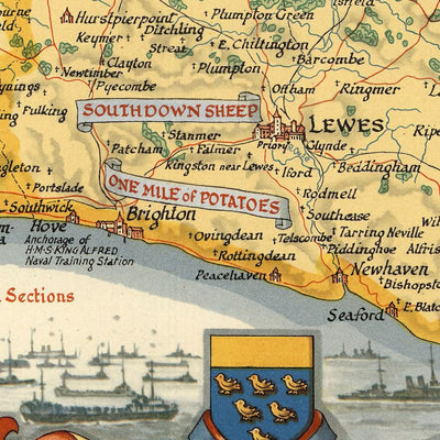 Old Pictorial Map of Sussex by Clegg, 1945: Brighton, Hastings, D-Day Armada, Castles