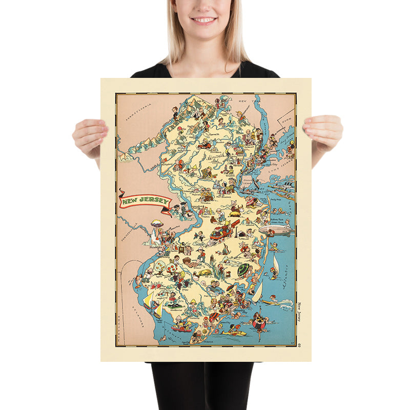 Mappa pittorica del New Jersey di Ruth Taylor White, 1935: Newark, Jersey Shore, Pine Barrens, Oceano Atlantico, Fiume Delaware 