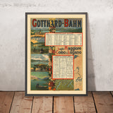 Schweizerisch-italienisches Seen-Reiseposter: Gotthard-Bahn, Lago Maggiore, Como und Lugano von Gabriele Chiattone, 1892 