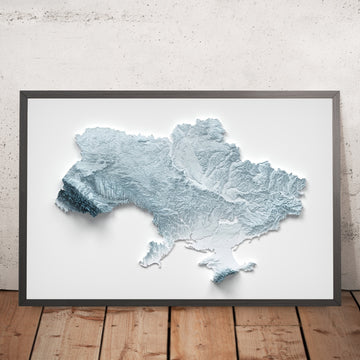 Gerahmtes Bild einer topografischen Reliefkarte der Ukraine im 3D-Stil
