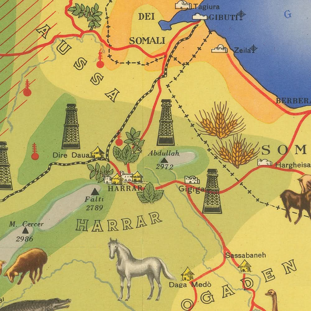 Old Map of Italian East Africa (Ethiopia and Somalia) by Kalchschmidt, 1936: Addis Abeba, Mogadiscio, Colonialism