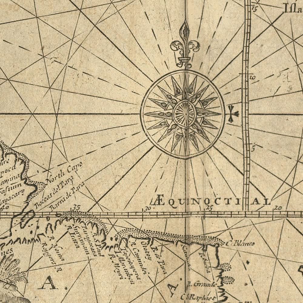 Alter Atlantischer Ozean Seekarte von Mount, 1766: Küsten, Kurslinien, Kompassrose 