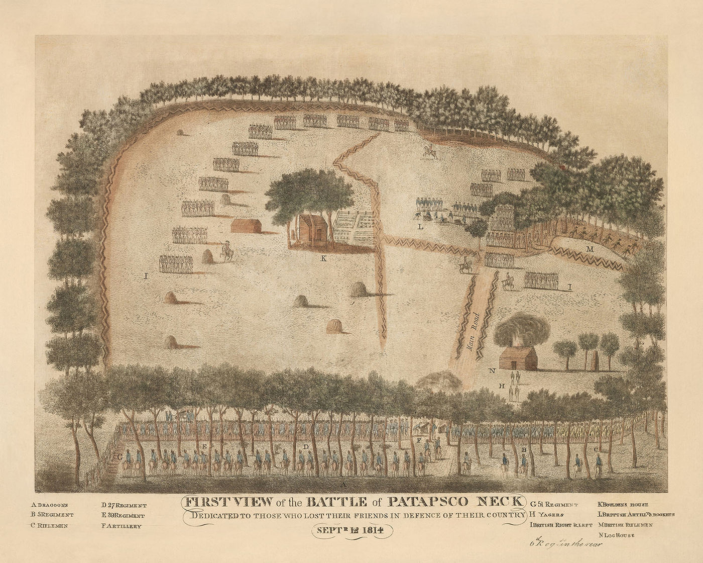 Primera vista de la batalla de Patapsco Neck por Andrew Dulac, 1814