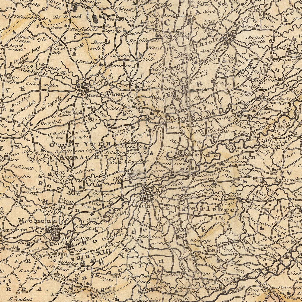Ancienne carte des Flandres par Visscher, 1690 : Bruxelles, Anvers, Gand, Bruges, parc Scarpe-Escaut