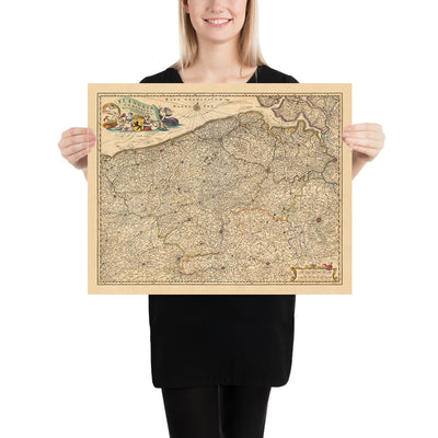 Mapa antiguo de Flandes de Visscher, 1690: Bruselas, Amberes, Gante, Brujas, parque Scarpe-Escaut