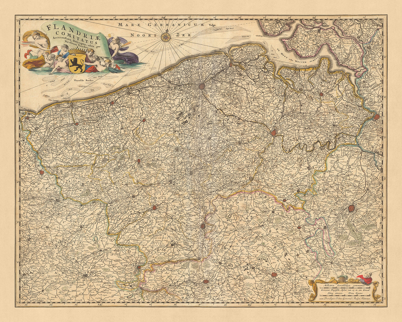 Alte Karte von Flandern von Visscher, 1690: Brüssel, Antwerpen, Gent, Brügge, Scarpe-Escaut-Park