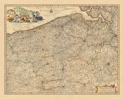 Mapa antiguo de Flandes de Visscher, 1690: Bruselas, Amberes, Gante, Brujas, parque Scarpe-Escaut