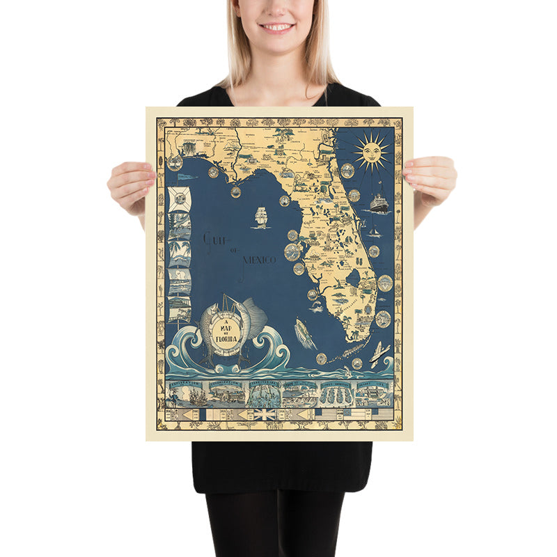 Alte Karte der historischen Entwicklung Floridas von Foster, 1935: Spanische Kolonisierung, britische Herrschaft, Mitgliedschaft in der Südstaaten-Konföderation, Aufnahme in die Vereinigten Staaten sowie reiche Tierwelt und Sehenswürdigkeiten.