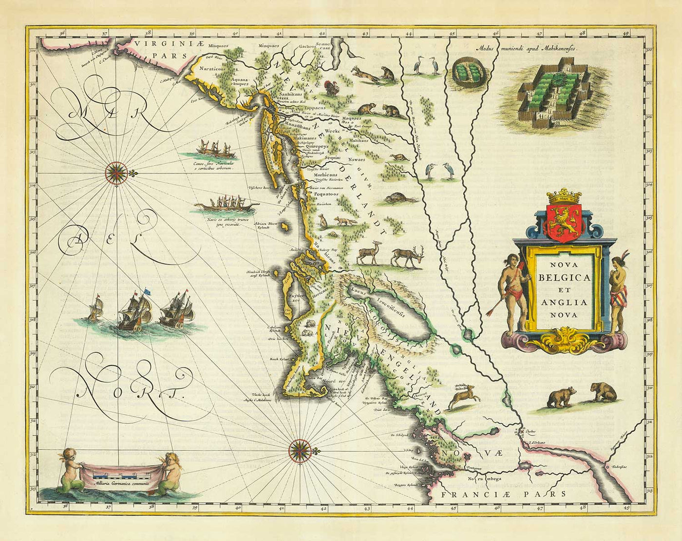 Old Map of New Netherlands and New England in 1640 by Willem Blaeu - Manhattan, Providence, New York, Boston, New Jersey