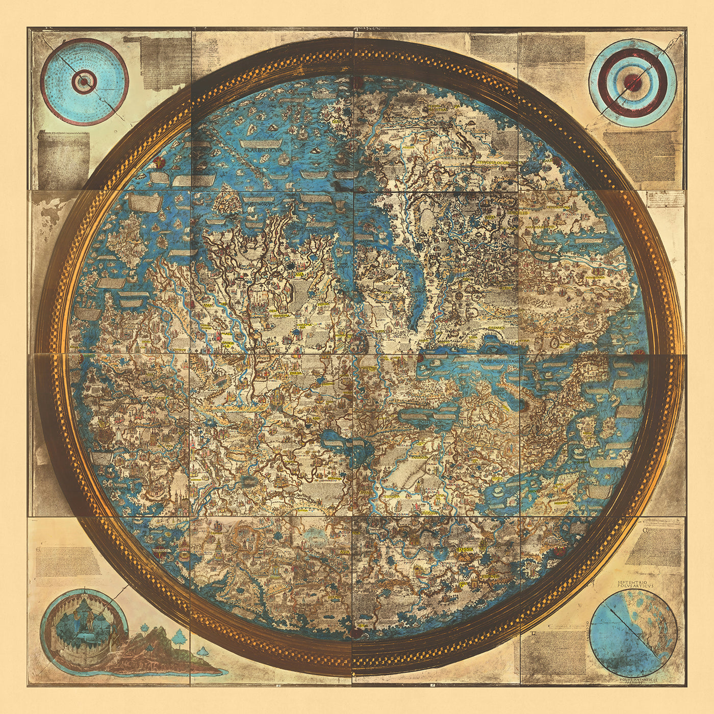Alte Weltkarte der Welt von Fra Mauro, 1450: Gedruckte Reproduktion, geozentrische Projektion, mittelalterliche Mappa Mundi
