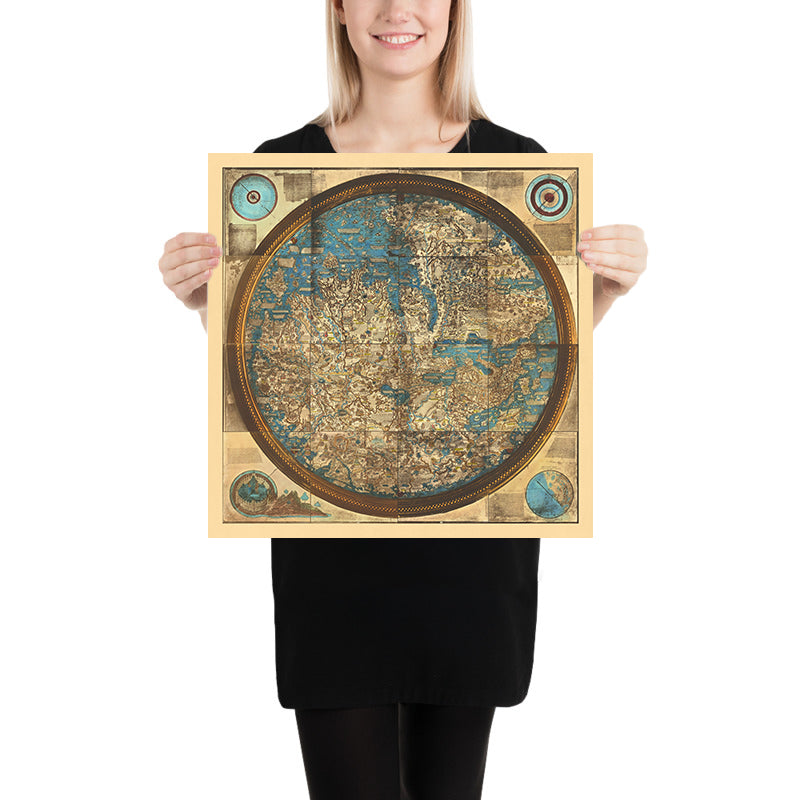 Alte Weltkarte der Welt von Fra Mauro, 1450: Gedruckte Reproduktion, geozentrische Projektion, mittelalterliche Mappa Mundi