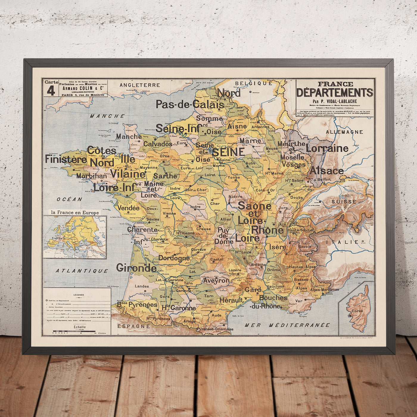 Mapa antiguo de los departamentos de Francia de Vidal Lablache, 1897: gráfico mural educativo
