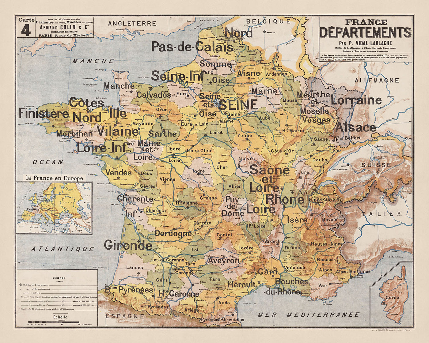 Mapa antiguo de los departamentos de Francia de Vidal Lablache, 1897: gráfico mural educativo