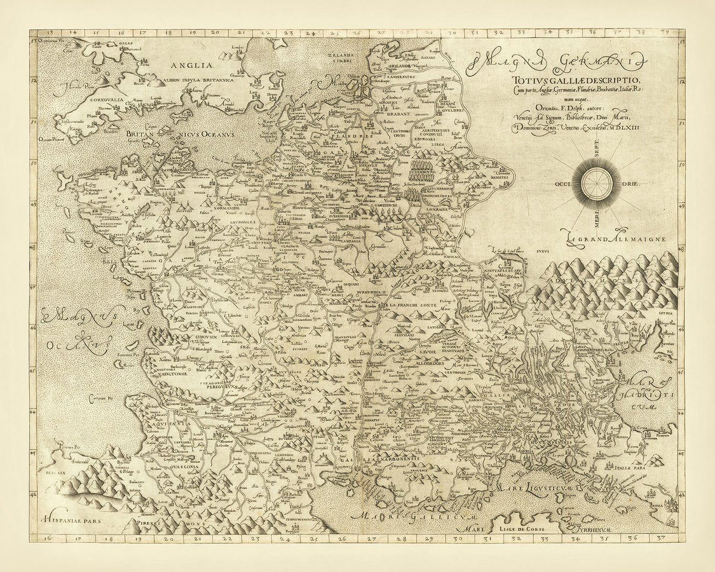 Old Rare Map of France and the Low Countries by Zenoi, 1561: Paris, Rome, Alps, Pyrenees