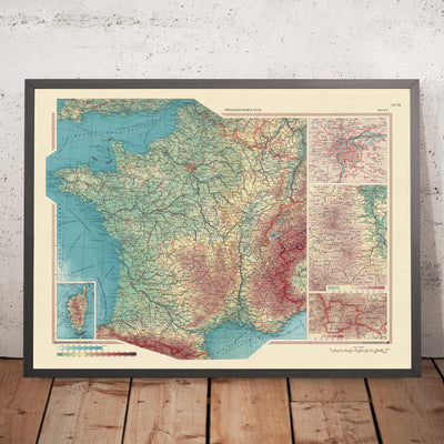 Mapa antiguo de Francia realizado por el Servicio de Topografía del Ejército Polaco, 1967: Andorra, Macizo Central, Lyon, Córcega, diseño político y físico detallado