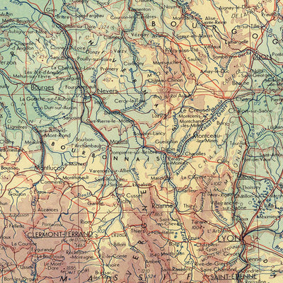 Mapa antiguo de Francia realizado por el Servicio de Topografía del Ejército Polaco, 1967: Andorra, Macizo Central, Lyon, Córcega, diseño político y físico detallado